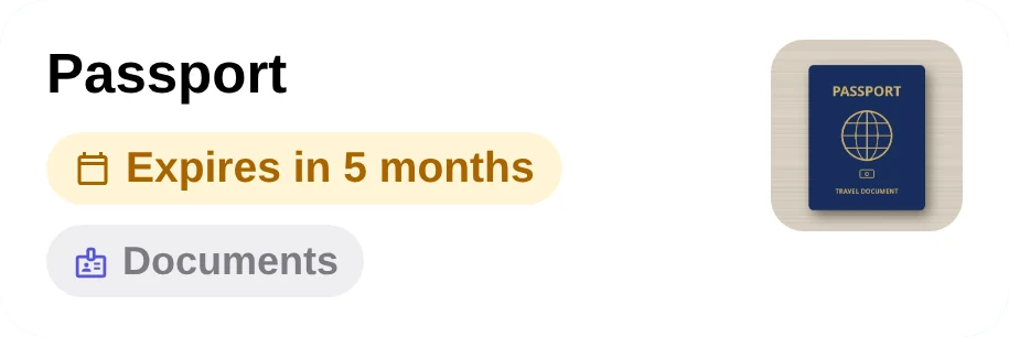 Passport card: “Expires in 5 months”, later “Expired 9 days ago”