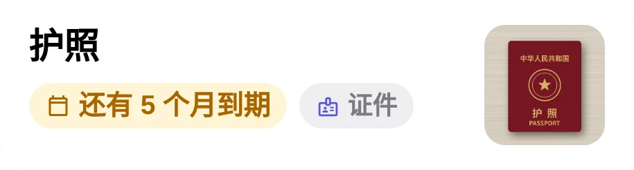 护照：「还有 5 个月到期」，半年后「已过期 9 天」