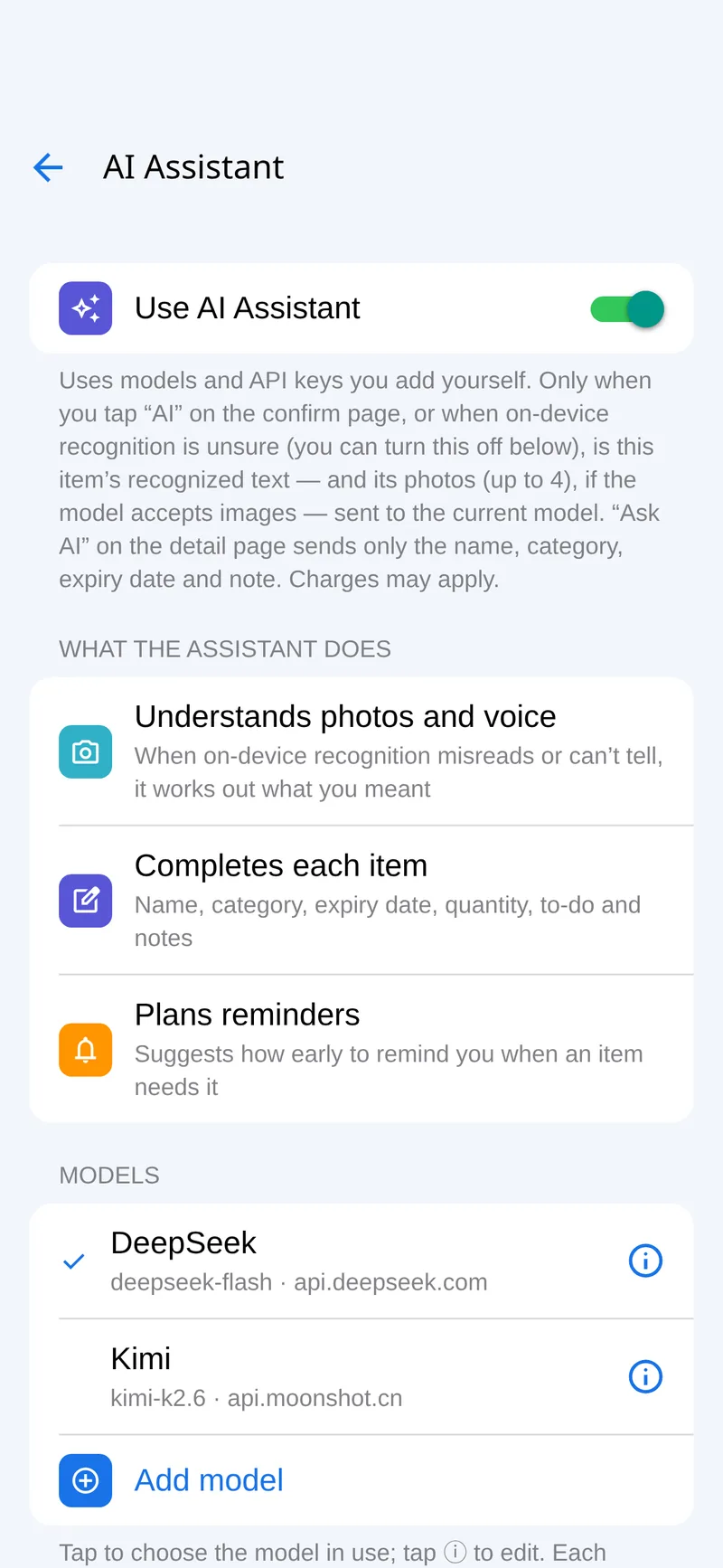 AI Assistant settings with DeepSeek and Kimi added.