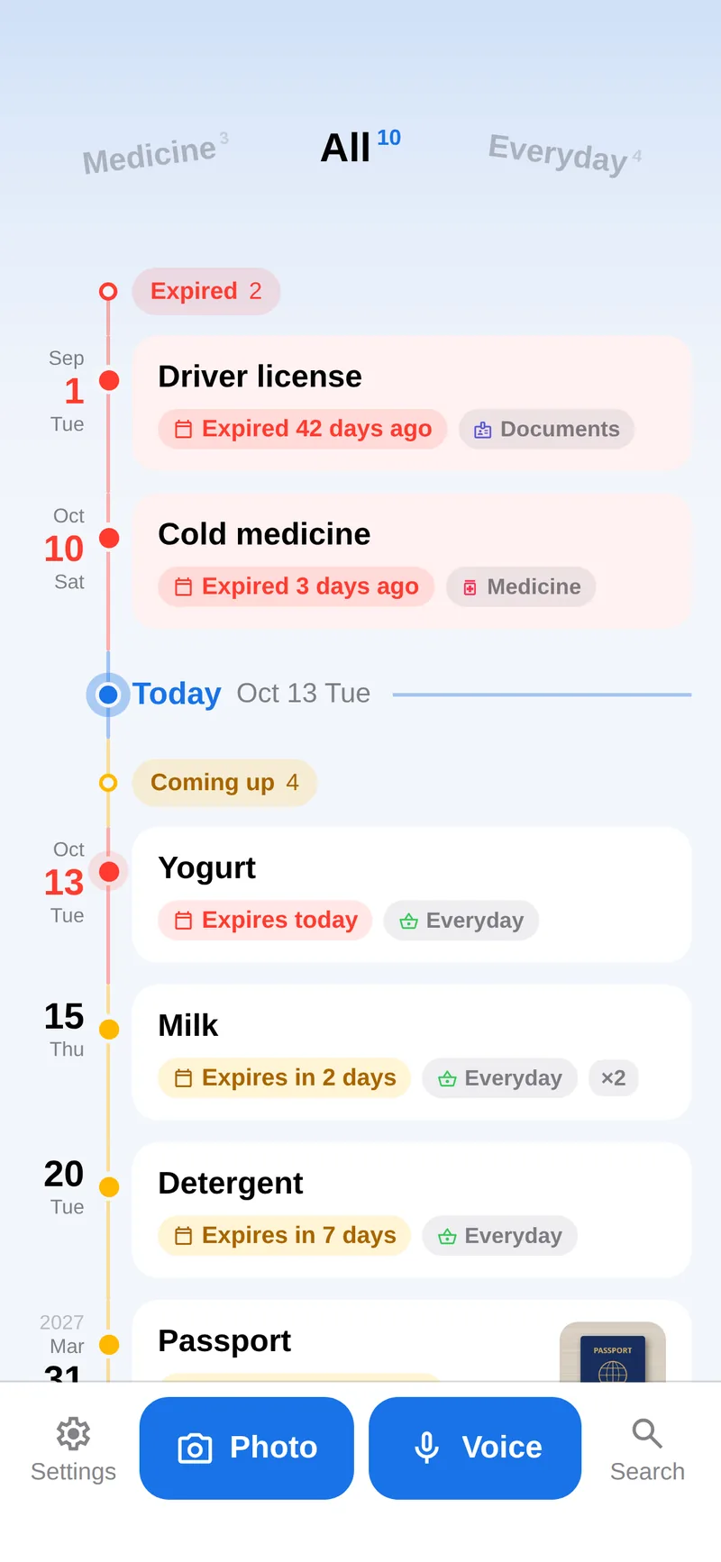 The All timeline in RemindThat: expired items in red at the top, a Today marker, then items coming up in amber.