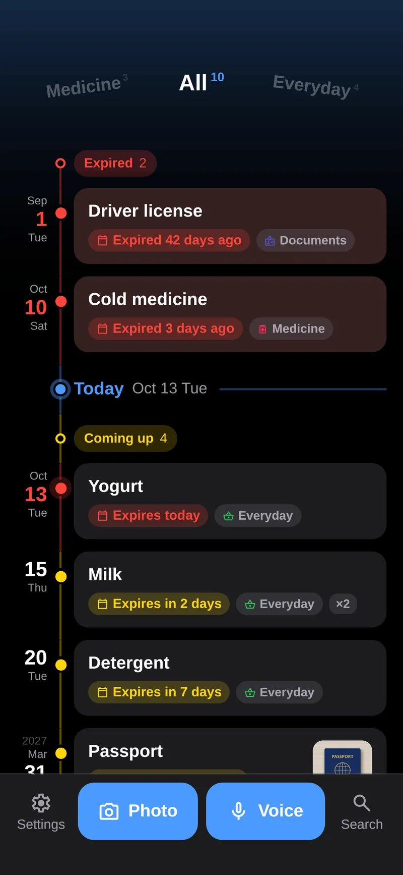 The All timeline in RemindThat: expired items in red at the top, a Today marker, then items coming up in amber.