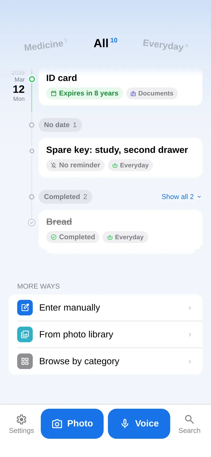 The end of the timeline: “Spare key: study, second drawer” under No date, completed items stacked below.