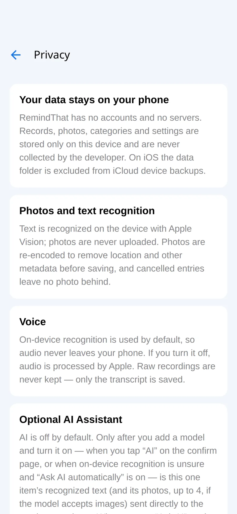 The app’s own privacy notes: “Your data stays on your phone”.